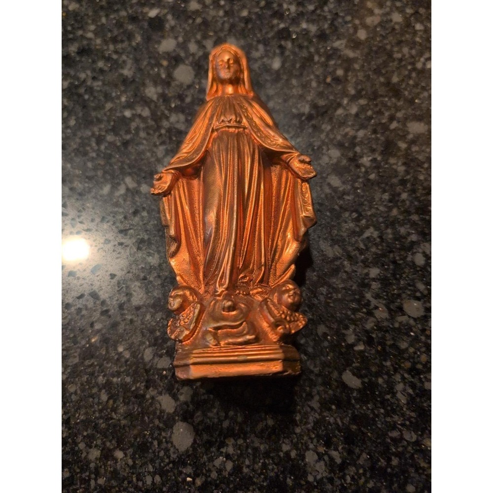 Vintage USA Our Lady of Grace Virgin Mary Metal Statue Serpent Cherubs 6"